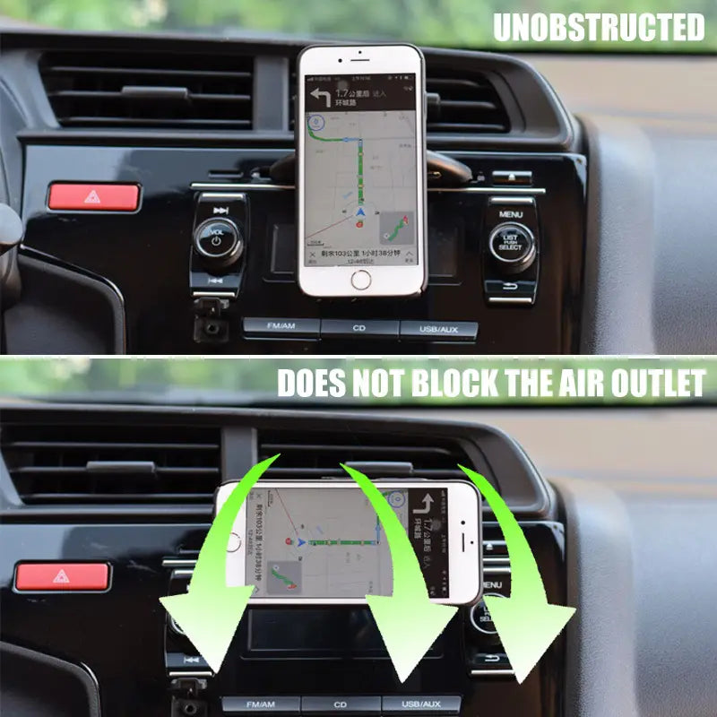 White smartphone securely held in a magnetic cd slot car phone mount that preserves airflow for mini gps and iPhone use.
