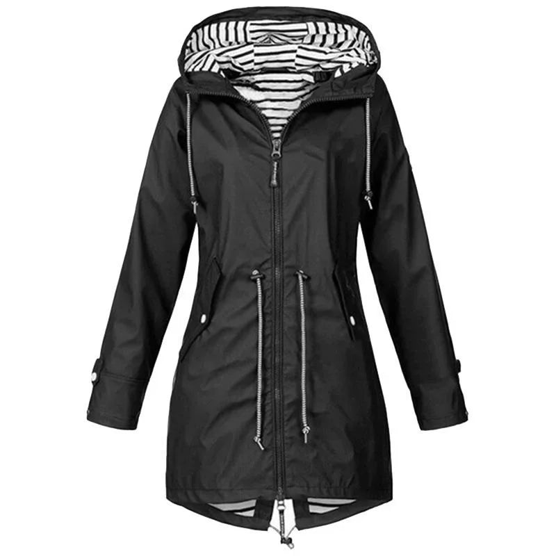 Women's Lightweight Waterproof Raincoat Ideal for Casual Outdoor Hikes Trench Style with Drawstring