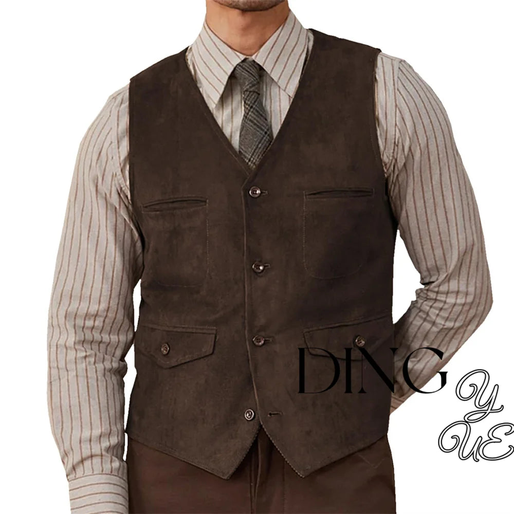 olive green suede western vest featuring a dark brown suede button-front design with two flap pockets on the chest