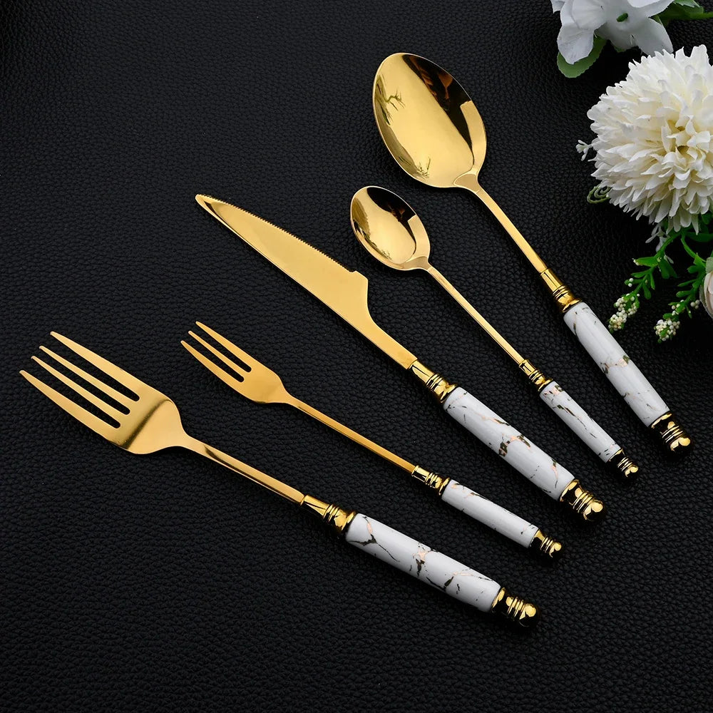 16Pcs Tableware Set Cutlery Set Mirror Ceramic Handle Gold Flatware Fork Spoon Knife Set Stainless Steel Dinnerware Dinner Set