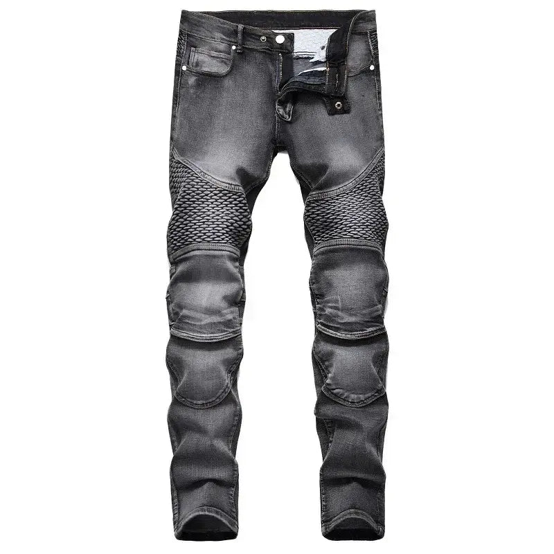 Jeans de moto pour hommes, coupe slim délavée, en denim noir, avec des panneaux en mesh renforcé sur les cuisses et les genoux.