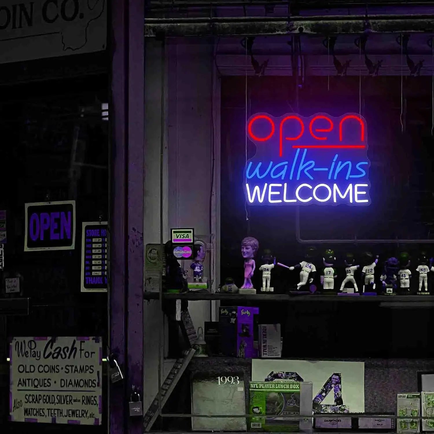 panneau professionnel au néon « ouvert » avec « entrées libres » bien en évidence, enseigne commerciale avec des lumières au néon rouges et bleues, idéal pour une salle de jeux ou un usage commercial.