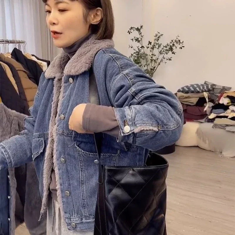 Woman Jean Coat Wool Inside Warm Denim Jacket for Women Outerwear with Fur Plush Patchwork Winter 2025 Cold Blue Padded Harajuku
