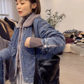 Woman Jean Coat Wool Inside Warm Denim Jacket for Women Outerwear with Fur Plush Patchwork Winter 2025 Cold Blue Padded Harajuku