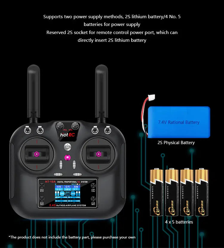 Schwarzer Hotrc HT 10A 10-Kanal-Digitalproportional-RC-Sender mit zwei Antennen, einer zentralen Ein-/Aus-Taste sowie beleuchteten pinken Tasten an den Steuerknüppeln, dargestellt mit F 10A-Empfänger.