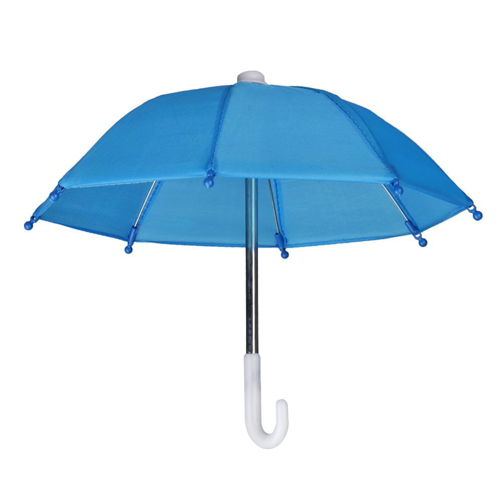 A bright blue translucent mini doll umbrella with a silver shaft and white curved handle for BJD accessories.