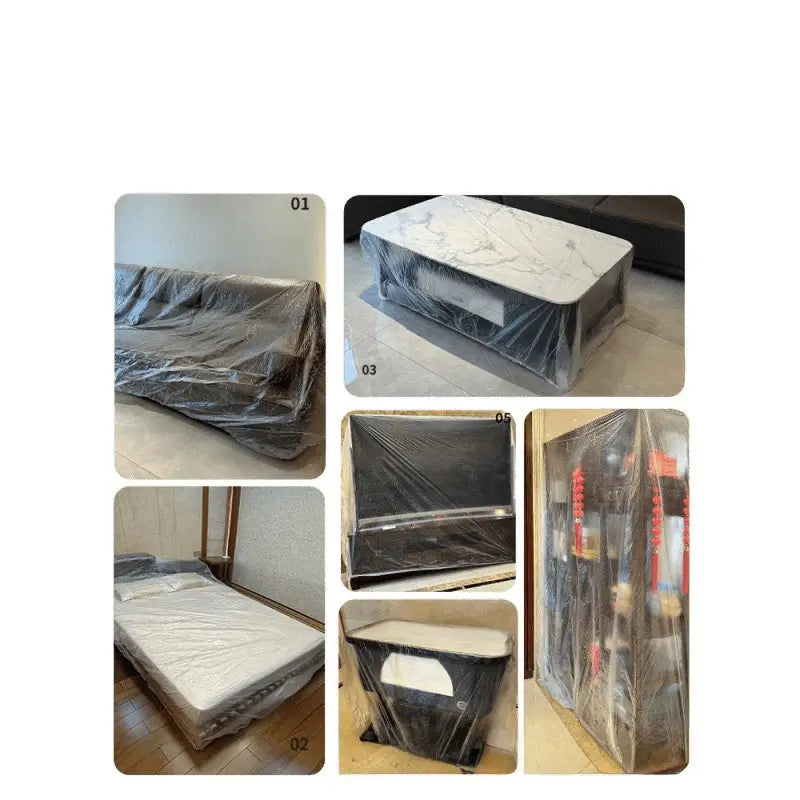 Table basse en marbre à motif blanc, au design moderne et épuré, enveloppée d’un film de protection transparent contre la poussière
