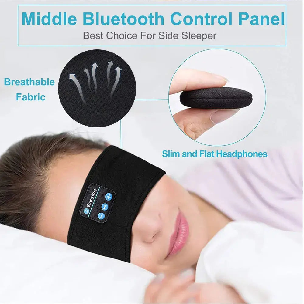 Schwarze Bluetooth-Schlafstirnband kabellose Sportkopfhörer mit Schlafmaske und integriertem Bluetooth-Bedienfeld sowie schlanken flachen Kopfhörern.