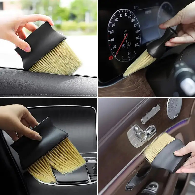 優しい清掃のための、柔らかな金色の毛先を備えたブラックハンドルの自動車用内装仕上げダストブラシ。