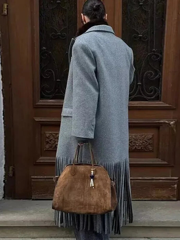 HH Women Winter Fashion Lapel Long Sleeve Woolen Jacket Female High Street Double Breasted Fringed Hem Decoration Pocket Coat