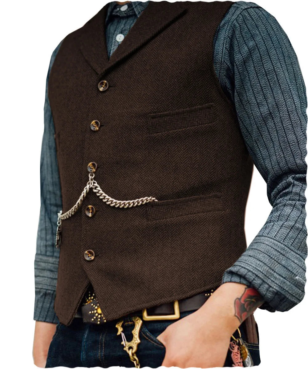 Mens Suit Vest Lapel V Neck Herringbone Casual Business Vest Waistcoat Groomman For Wedding Tweed Business Waistcoat
