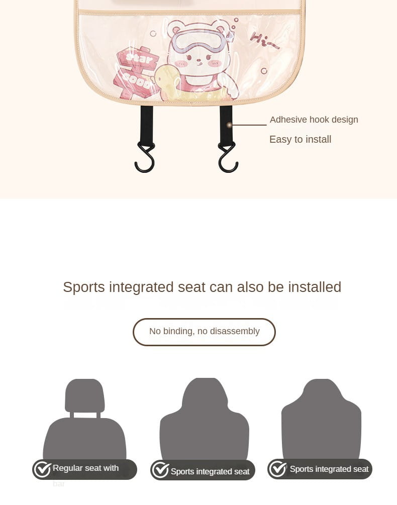 Organizador transparente para el asiento trasero del coche de plástico, con un tierno diseño de osito de dibujos animados y ganchos adhesivos negros para el almacenamiento y la organización.