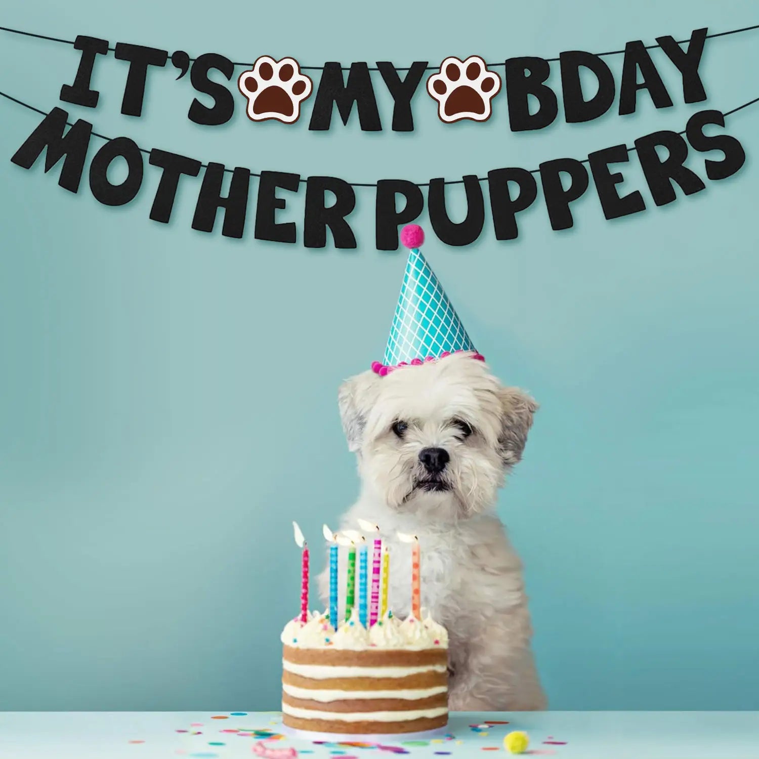 青とピンクのパーティーハットをかぶったふわふわの白い犬が、カラフルなろうそく付きの誕生日ケーキの前に座っている様子で、面白い犬の誕生日バナー「motherpuppers paw party decor」の一部として紹介されています。