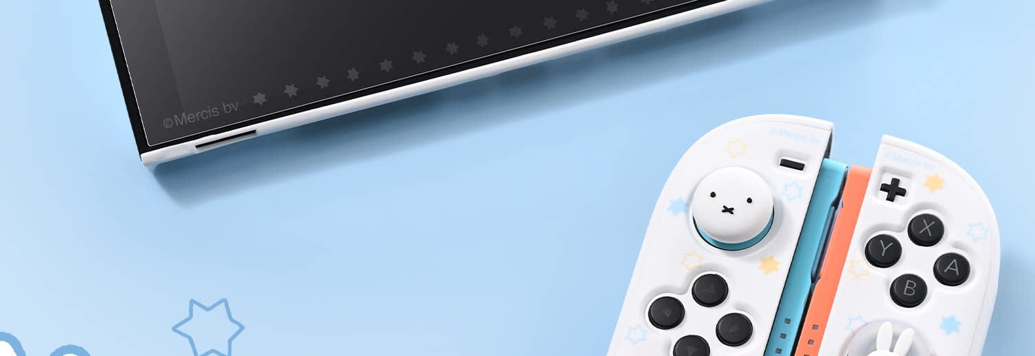 Controladores Nintendo Switch Joy-Con blancos con diseño de carita adorable y acentos en colores pastel, junto con protector de pantalla de vidrio templado para Miffy Switch para la protección del dispositivo.
