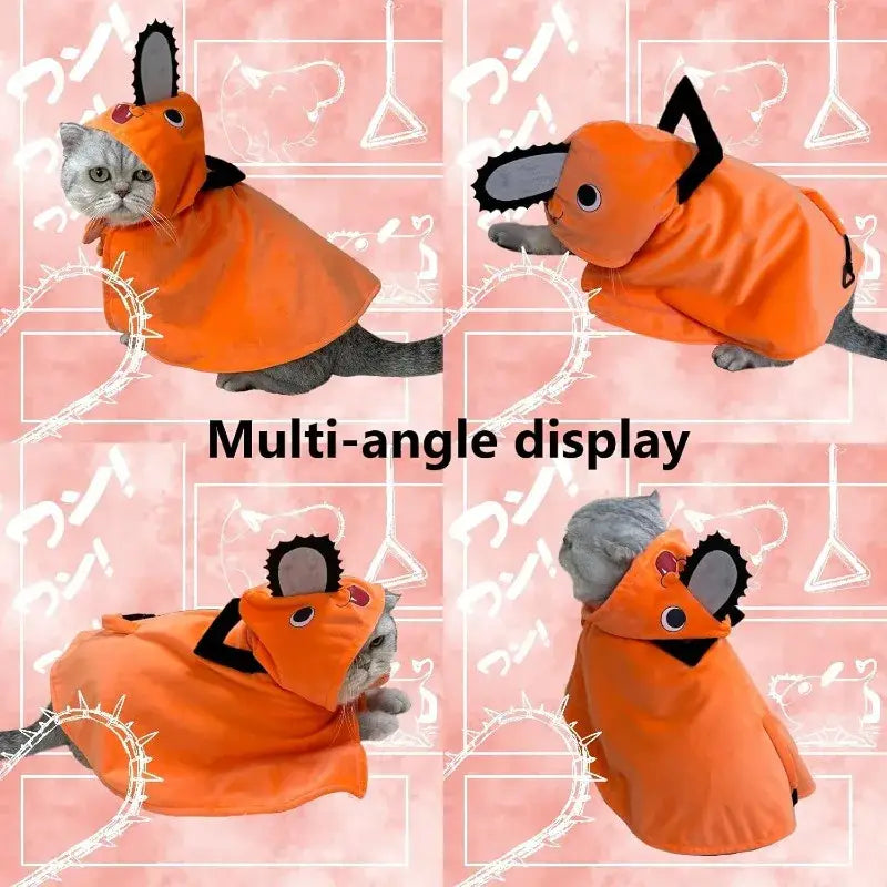 黒いアクセントとチェーンソーのデザインをあしらったフードが特徴の、チェーンソーマン風の猫・犬ポチタのペット服ファッショナブルコスチューム。
