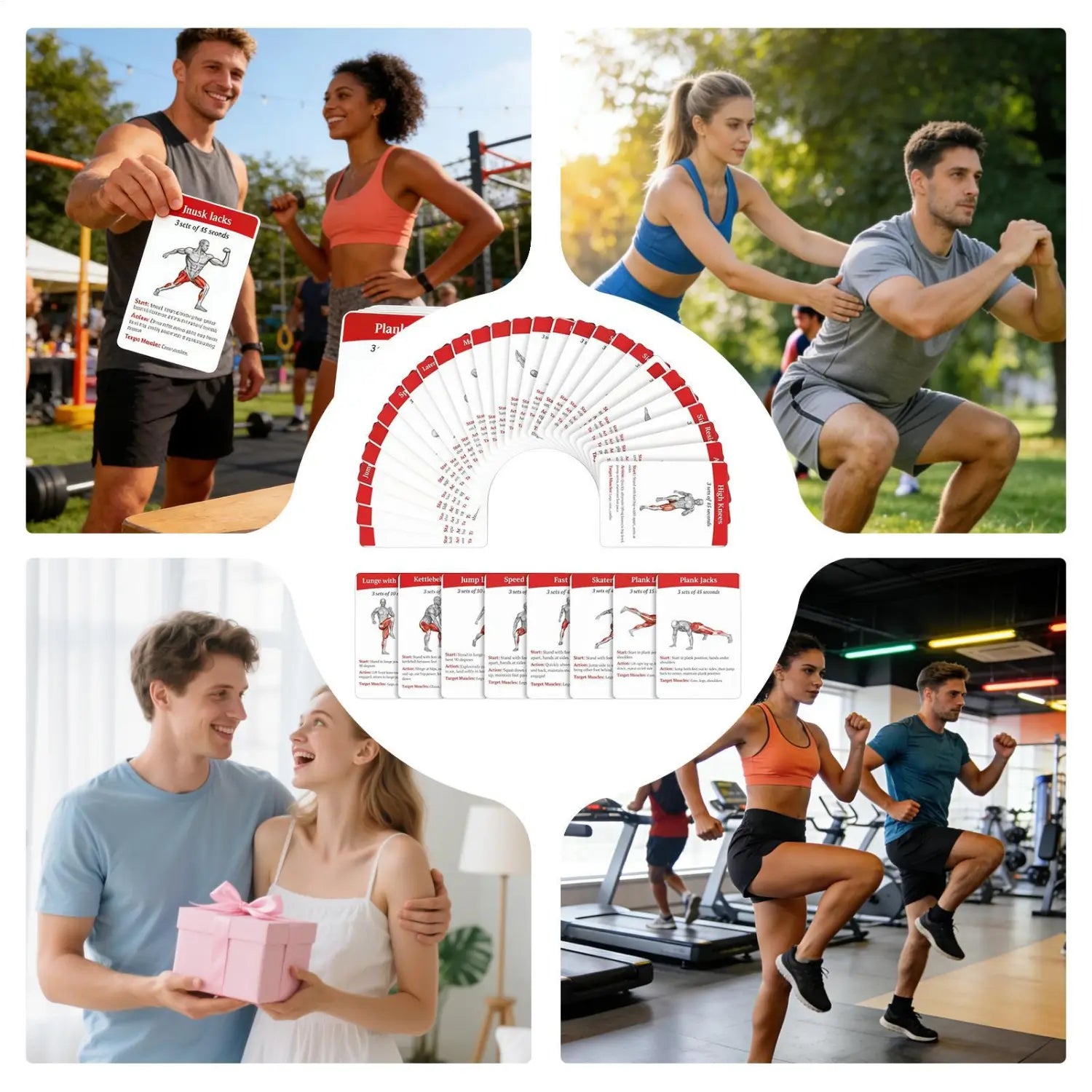 Set of red and white workout cards fitness exercise deck featuring illustrated exercise forms for home and gym use.