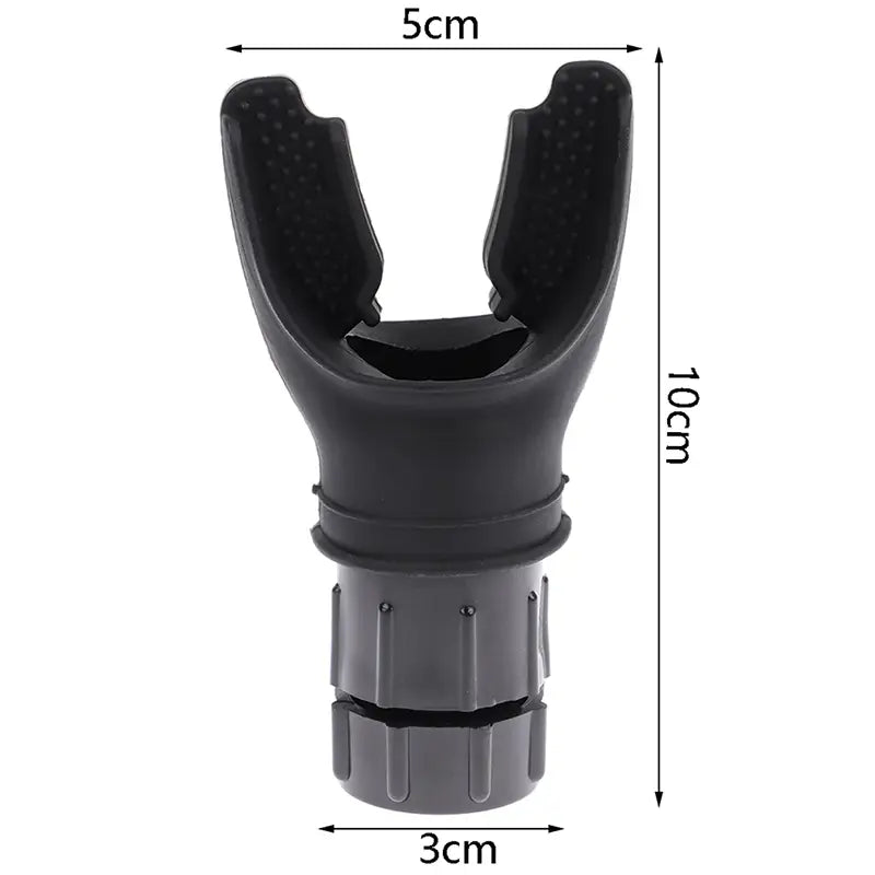 Black silicone diving mask mouthpiece with textured grip and threaded connector for lung capacity training device respiratory fitness tool.