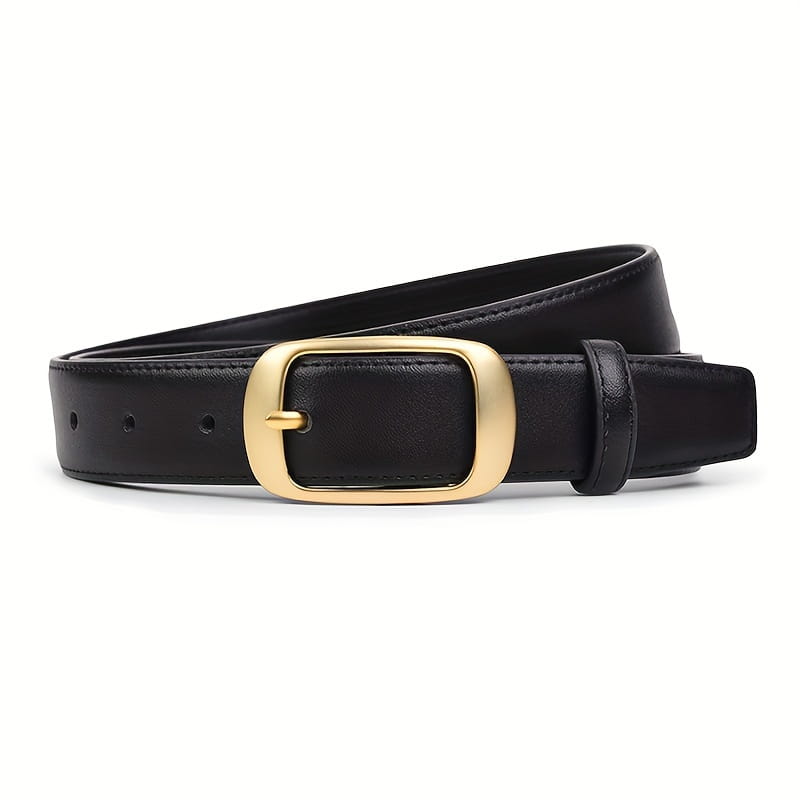 Ceinture en cuir noir pour femmes avec boucle rectangulaire à tons dorés, conçue pour être utilisée comme sangle pour jean.