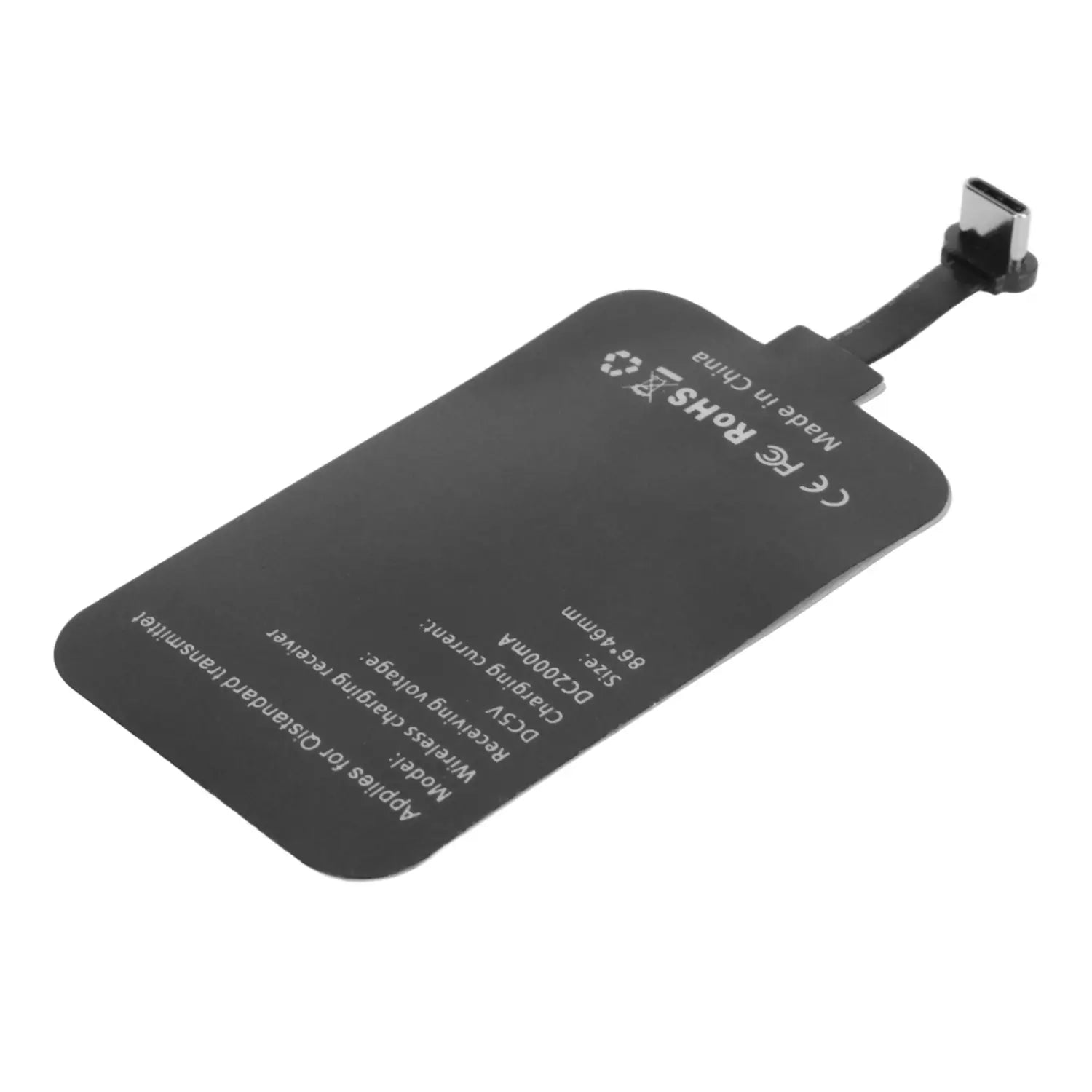 Black wireless charging receiver type-c with 10w fast charger and printed specifications on the back side for efficient wireless charging use