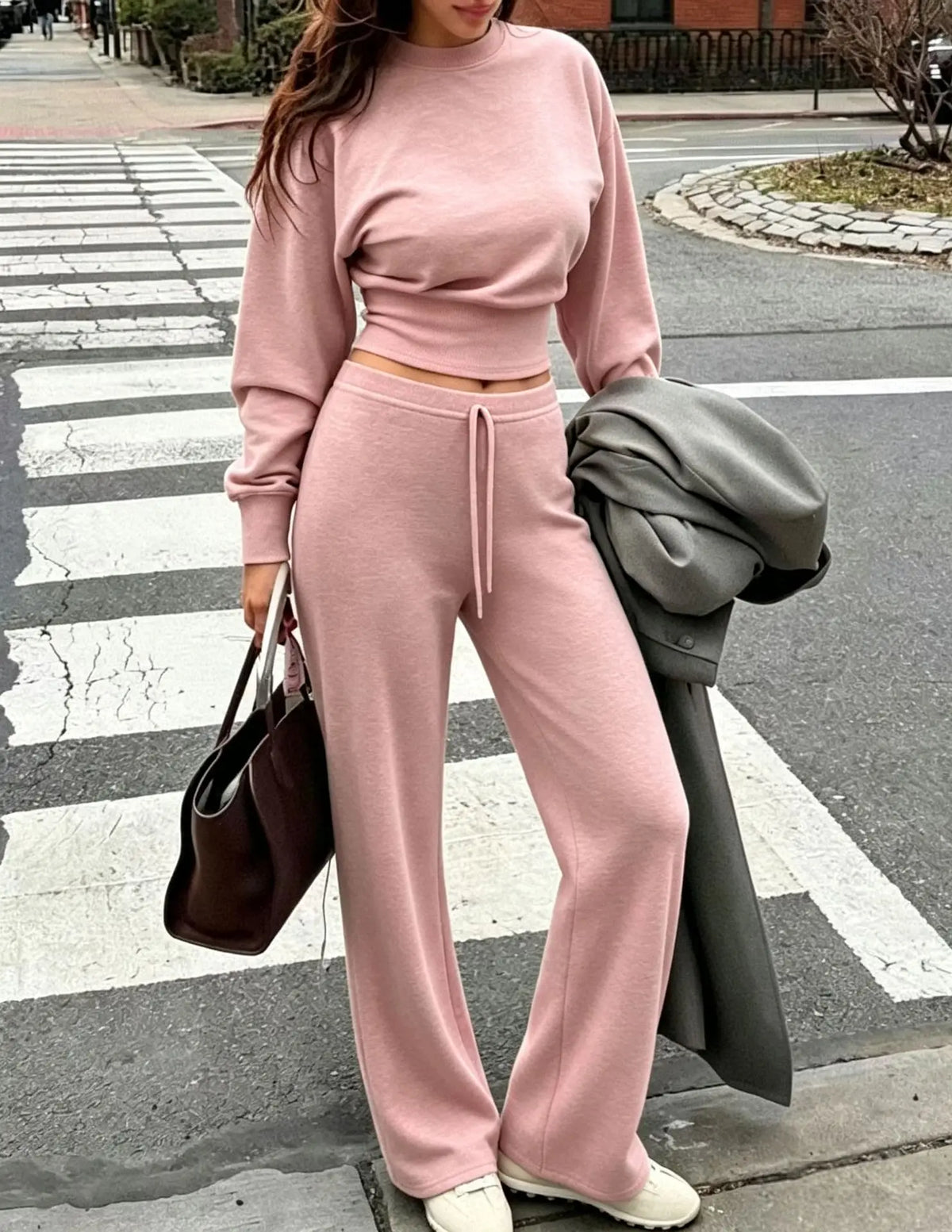 Women's Clothing Autumn and Winter New Casual Waist Top Wide-leg Pants Home Daily Two-piece Set