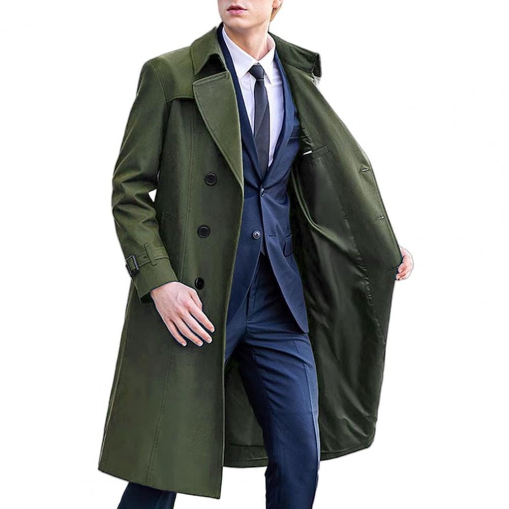 men windbreaker casual trench coat in olive green with black buttons, belted waist, long sleeves, and full clothes length.