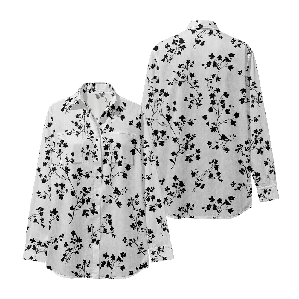 Chic Black Floral Printed Shirt for Women Minimalist Long Sleeve Button Up All-Over Black Blossom Print Two Pockets Relaxed Fit