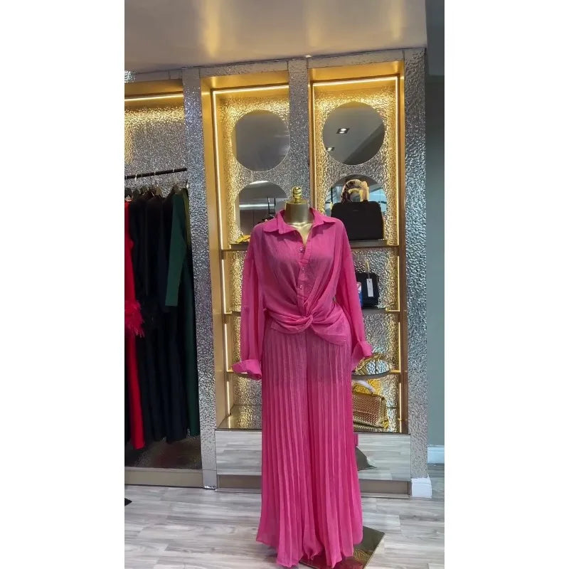 Chic Summer Pants Sets Women Shirt Tops 2 Piece Sets Outfits Casual Lapel Long-sleeved Shirt Pleated Wide-leg Trousers Set Y2K