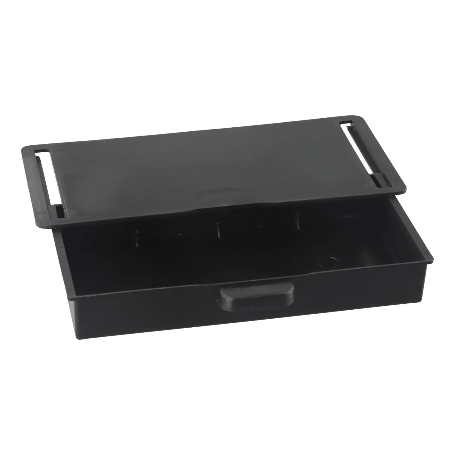 black plastic under desk drawer organizer with a hinged lid and internal compartments made of abs material for efficient storage and organization
