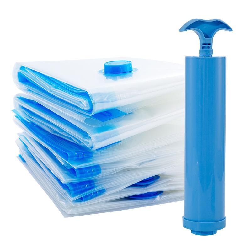 blue plastic vacuum storage bags made of pa+pe material with matching blue pump for airtight storage 5 pack