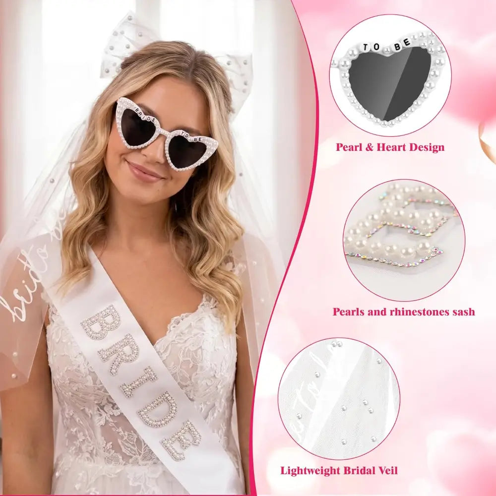 Gafas de sol con forma de corazón en blanco, con pedrería brillante y borde de perlas; conjunto de accesorio de la futura novia con velo y faja.