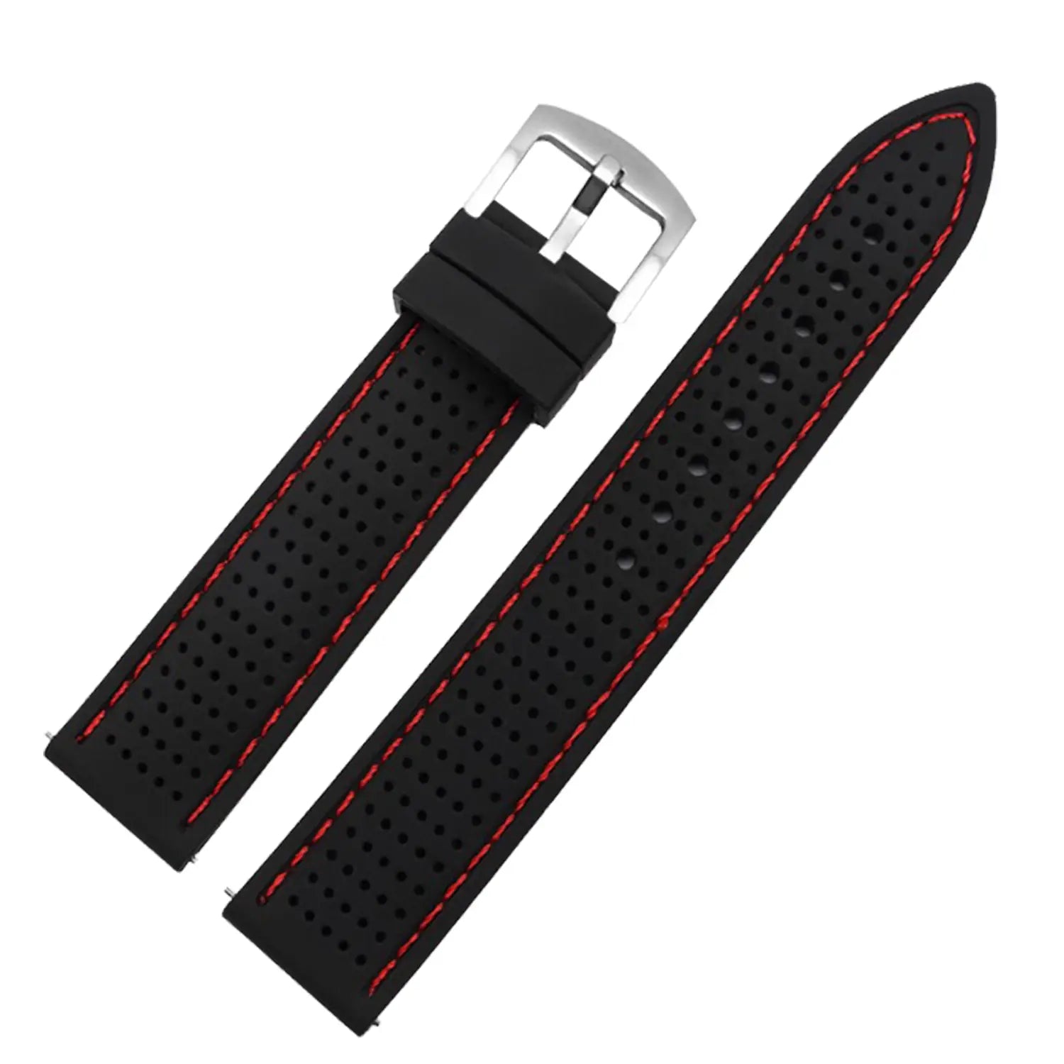 Schwarzes perforiertes Gummi-Silikon-Uhrenarmband mit roter Steppnaht und silberfarbenem Verschluss, erhältlich in 20 mm, 22 mm und 24 mm Schnellverschluss-Größen