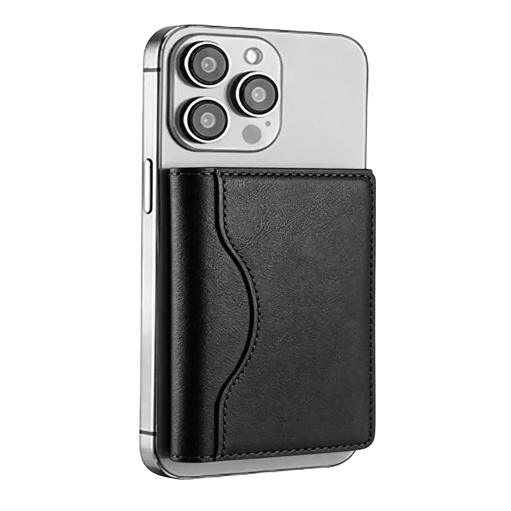 Black leather magnetic trifold card wallet attached to the back of a silver iPhone compatible with MagSafe