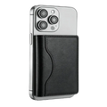 Black leather magnetic trifold card wallet attached to the back of a silver iPhone compatible with MagSafe