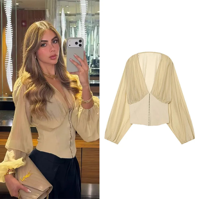 Women's Shirt New 2026 Summer Casual V Neck Long Sleeve Women Corset-Style Combined Blouses & Shirts Chic Female Tops
