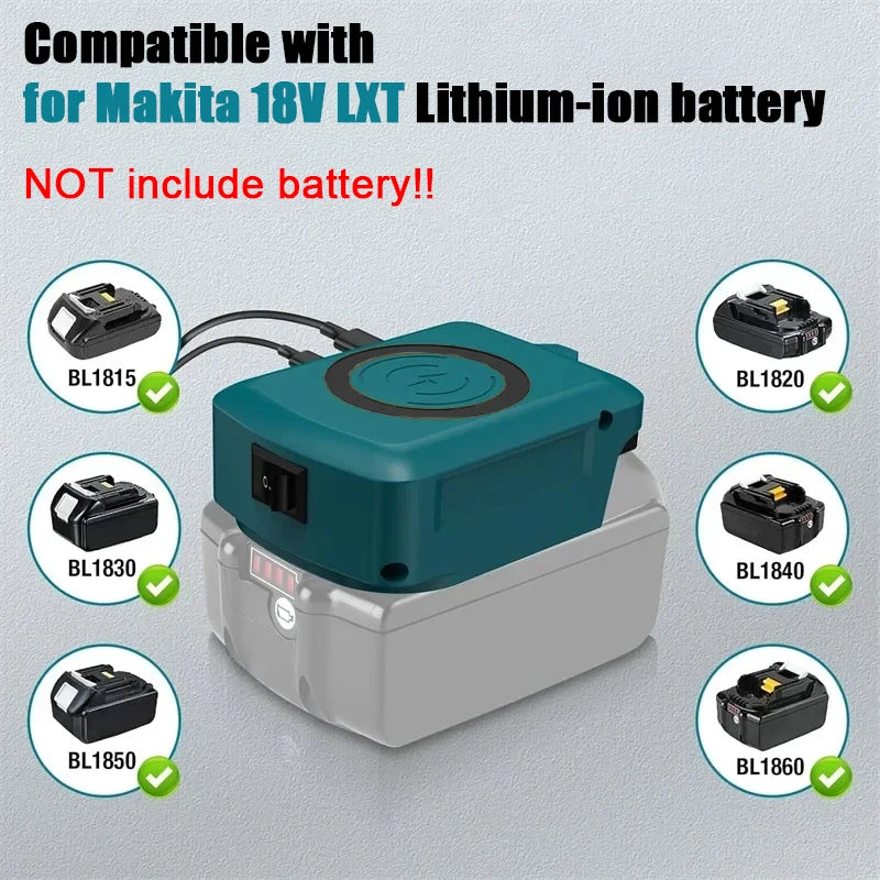Wireless Charger Adapter 18V Lithium Battery Charging Station with Type-C&USB Port for Makita for Dewalt for Milwaukee for Bosch