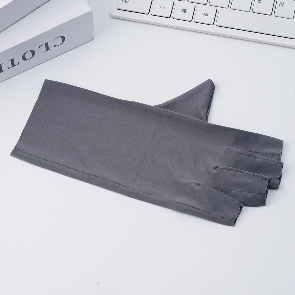 Gray sleek fingerless UV protection sunscreen driving glove made of smooth synthetic fabric shown from the back side