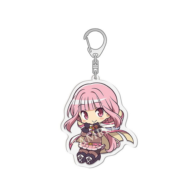 Pink-haired chibi anime character acrylic keychain from the Madoka Magica anime keychain set with a silver metal clip and clear acrylic body.