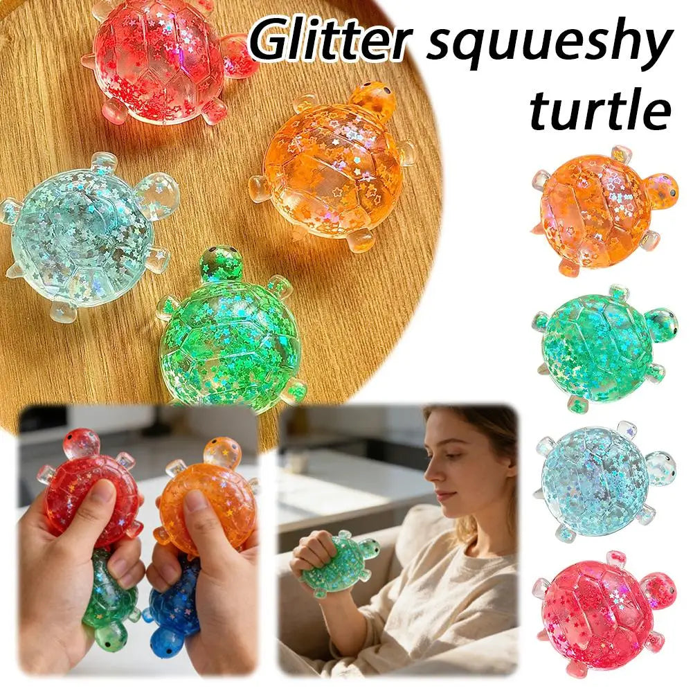 Ein farbenfrohes, durchscheinendes Silikon-Schildkröten-Spielzeug, gefüllt mit Glitzer, entworfen als weiches Knet-/Quetsch-Fidget-Spielzeug zur Stresslinderung.