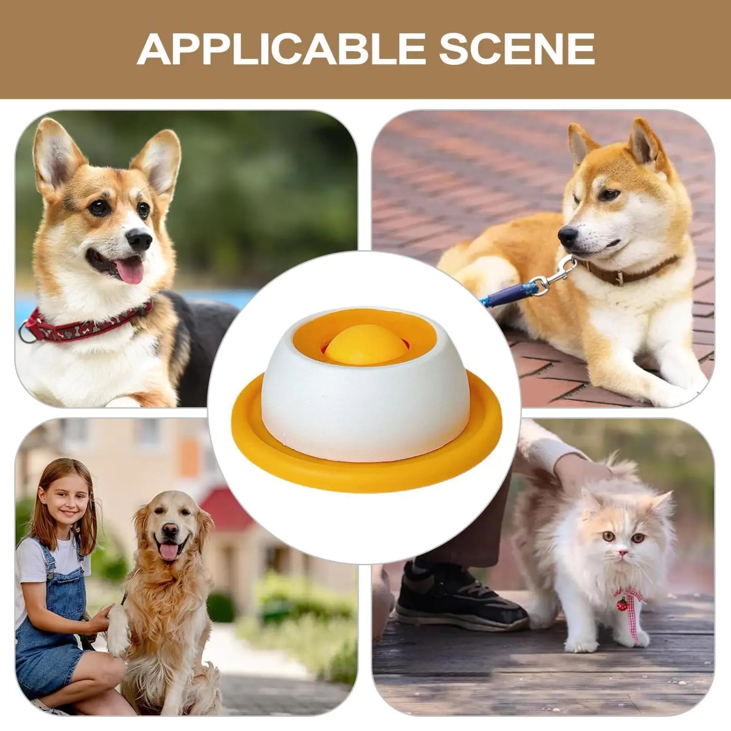 white and yellow silicone dog licking toy slow feeder puzzle with a textured rounded bowl design for puppies