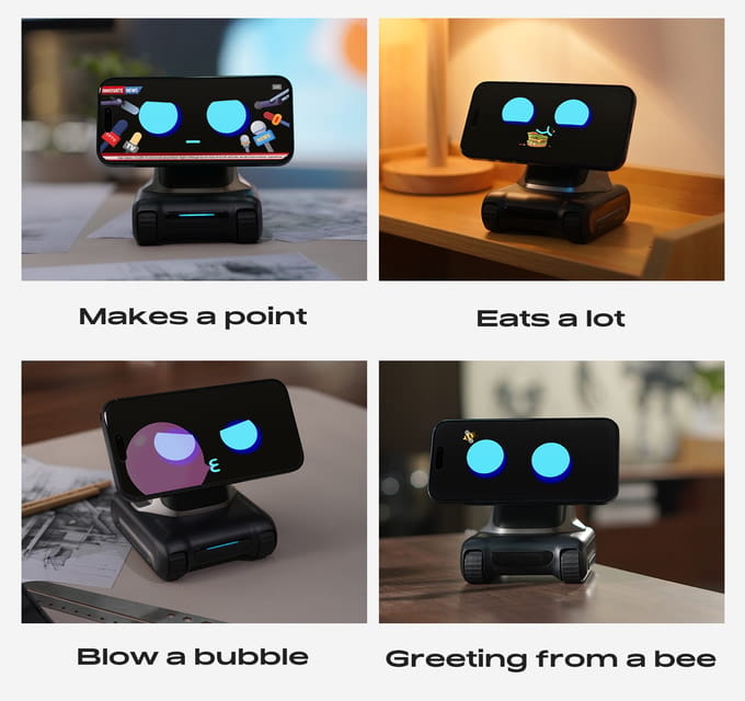 Support de smartphone intelligent noir Looi AI avec des yeux circulaires bleus lumineux et de petits supports de base pour le téléphone, avec télécommande et fonctionnalités de batterie au lithium