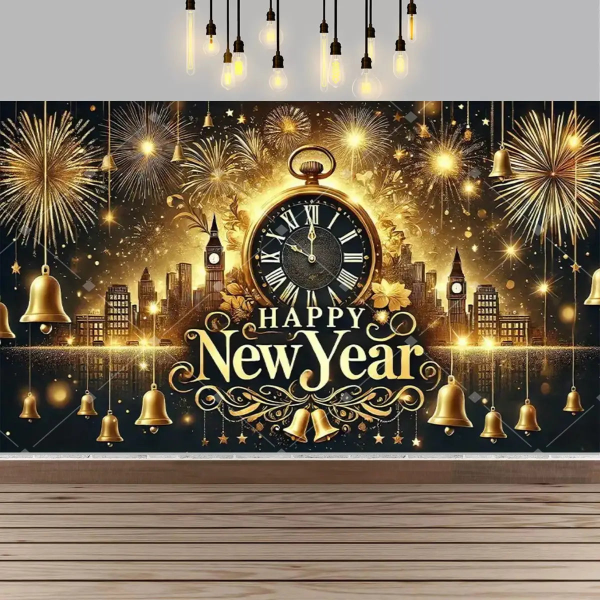 Golden pocket watch with roman numerals and ornate detailing set against a festive new year party photography backdrop with fireworks and clock.