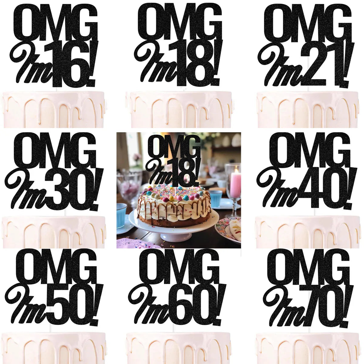 OMG I'm 18 30 40 50 60 Years Old Cake Topper Happy Birthday Party Decoration Adult Anniversary 30th 40th 50th 60th Birthday Cake