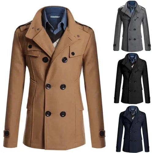 Trench-coat en laine beige pour hommes, croisé deux rangées, avec boutons noirs et pattes d’épaule, dans un style de manteau en laine croisé deux rangées