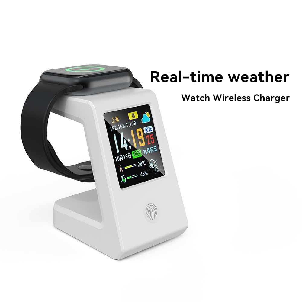 White smartwatch wireless charger desk stand with digital display showing real-time weather and time designed to hold an Apple Watch.