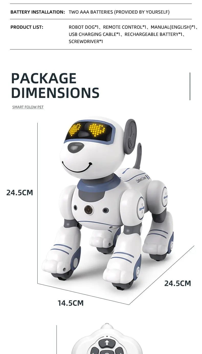 発光するLEDの目を備えた、白と青のデザインのスマートロボット犬のおもちゃの音声制御機能付き。スマートに追いかけるペットとして設計されています。