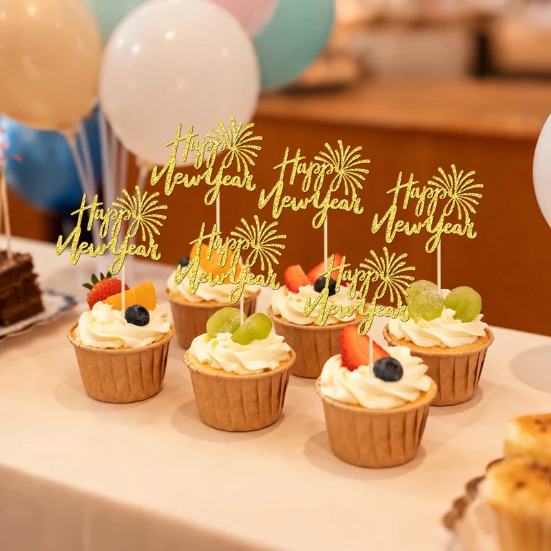 YOMDID 24Pcs Happy new year Cupcake Toppers Glitter New Year Cake Toppers New Year Party Design for Christmas Cupcake Picks