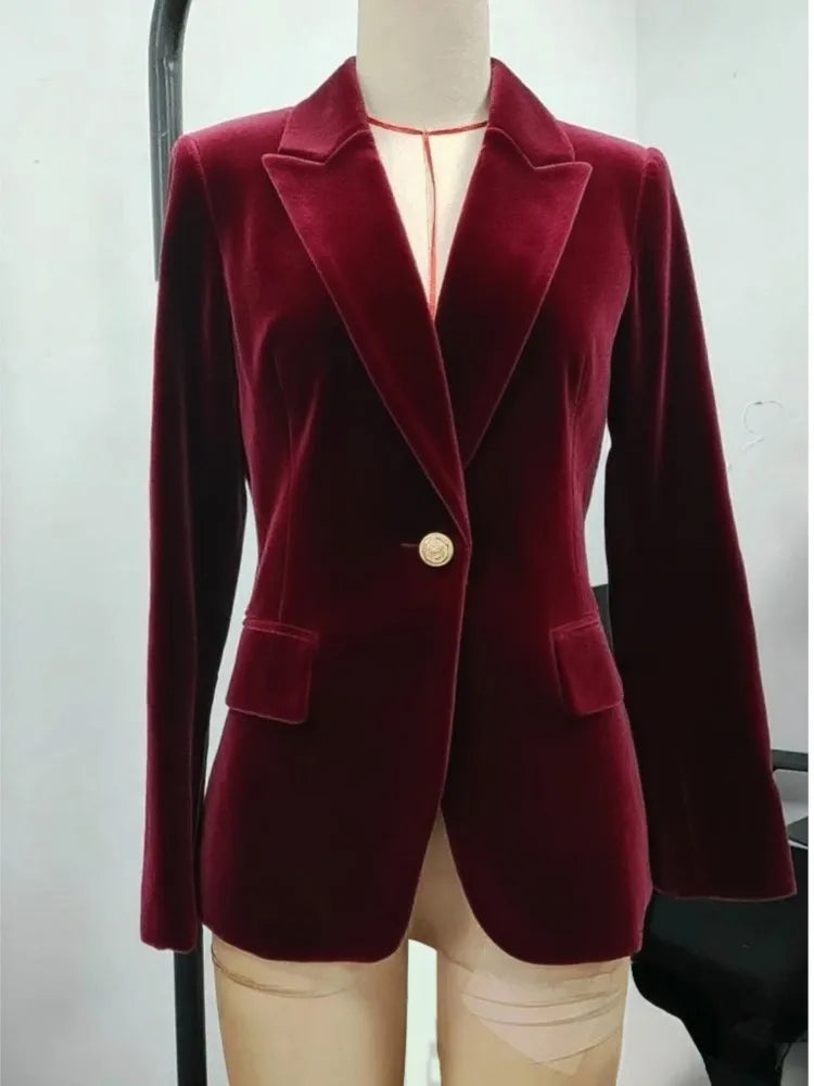 Elegant Velour Blazers Women Retro Single Button Suit Collar Jacket Blazer Coat 2025 Autumn Long Sleeve Simple Fashion Outerwear