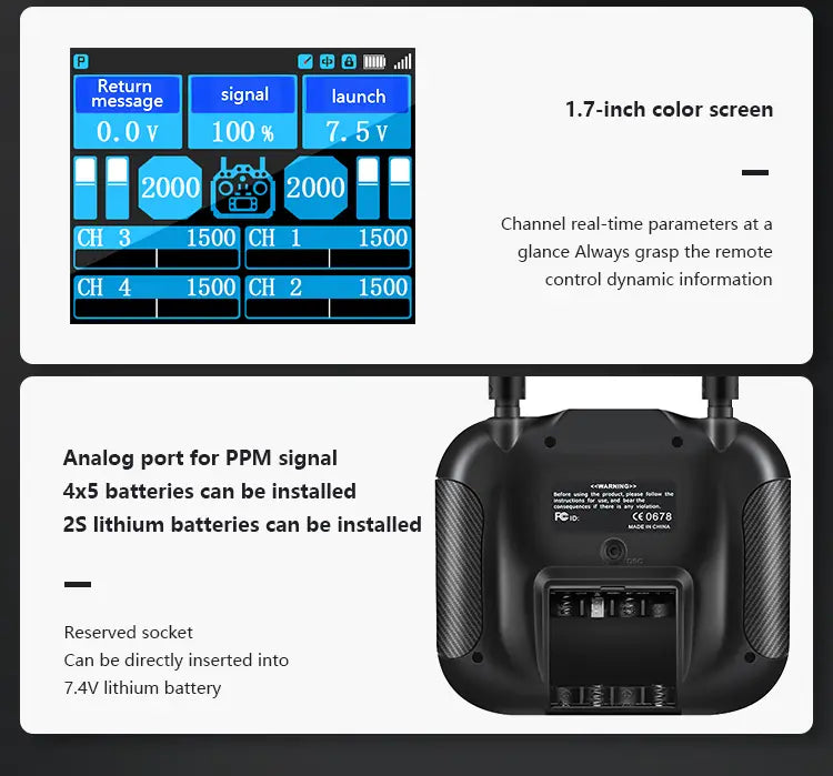 Mando a distancia negro ht-10a con pantalla de color de 1,7 pulgadas que muestra datos de vuelo y puerto analógico para señal ppm compatible con baterías de litio 4xs o 2s