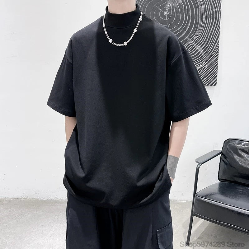 2024 Men Tshirt Solid Streetwear Turtleneck Hip Hop Male Oversized T Shirts Man Casual Short Sleeve Top Tees Black/White/Purple