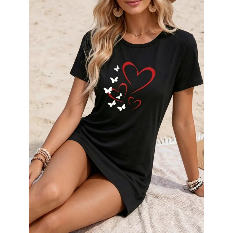 Women's Casual Dress - Fashionable Printed Short-Sleeved Round-Neck Nightgown - Loose-Fit Home Wear - Summer Beach Dress